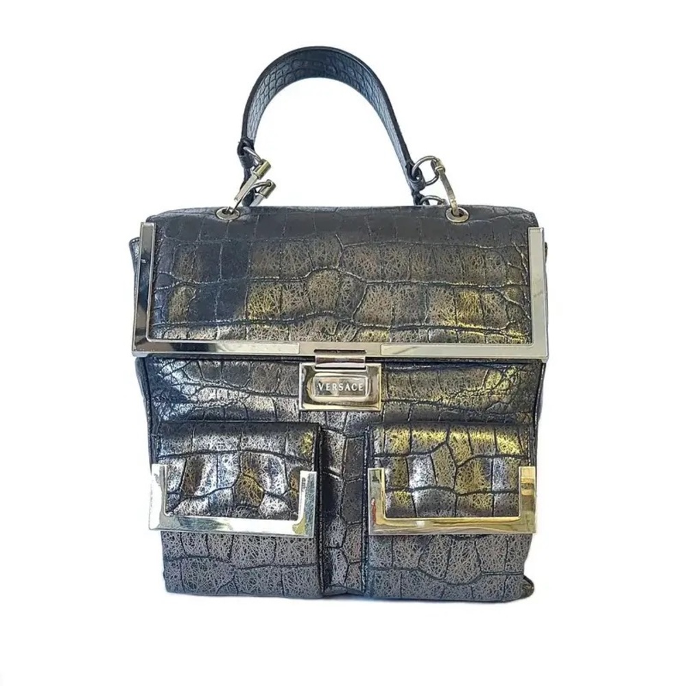 Versace Black Crocodile Leather Handbag with Silver Hardware